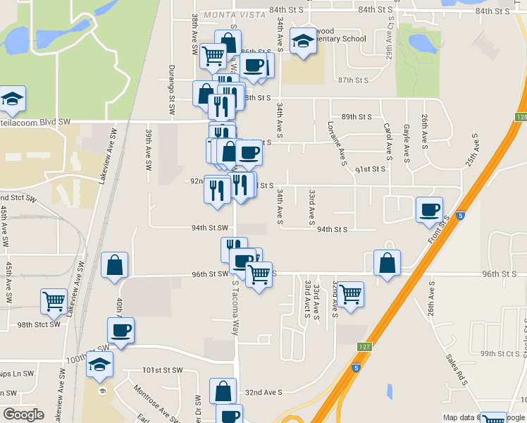 map of restaurants, bars, coffee shops, grocery stores, and more near 3502 92nd Street South in Lakewood