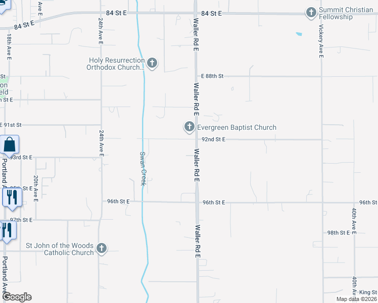map of restaurants, bars, coffee shops, grocery stores, and more near 9204 Waller Road East in Tacoma