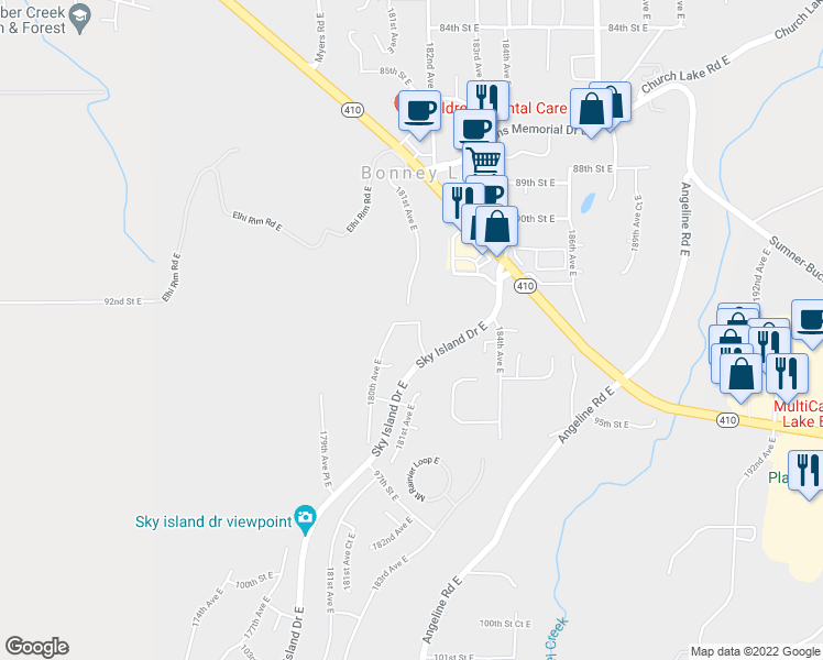 map of restaurants, bars, coffee shops, grocery stores, and more near 9204 181st Avenue East in Bonney Lake