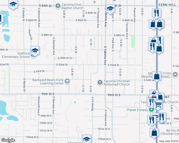 map of restaurants, bars, coffee shops, grocery stores, and more near 912 South 92nd Street in Tacoma