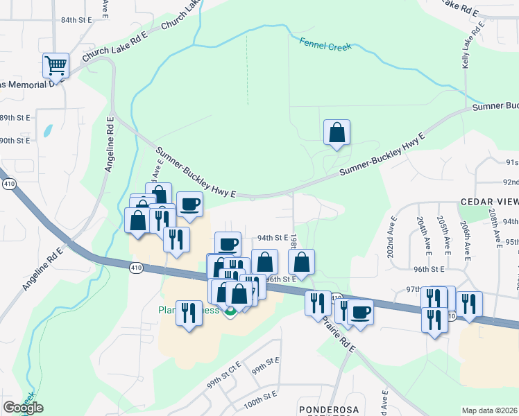 map of restaurants, bars, coffee shops, grocery stores, and more near 19606 Sumner-Buckley Highway East in Bonney Lake