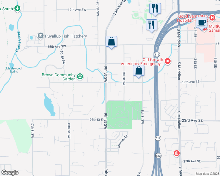 map of restaurants, bars, coffee shops, grocery stores, and more near 2010 8th Street Court Southwest in Puyallup