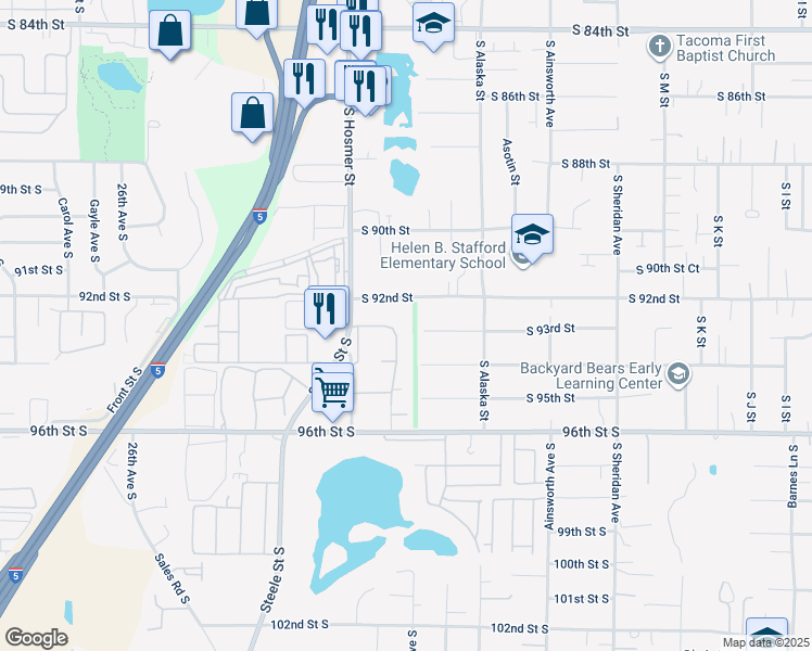 map of restaurants, bars, coffee shops, grocery stores, and more near 1814 South 92nd Street in Tacoma