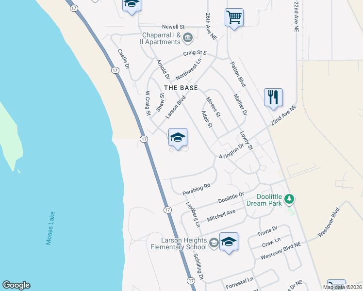 map of restaurants, bars, coffee shops, grocery stores, and more near 1200 West Craig Street in Moses Lake