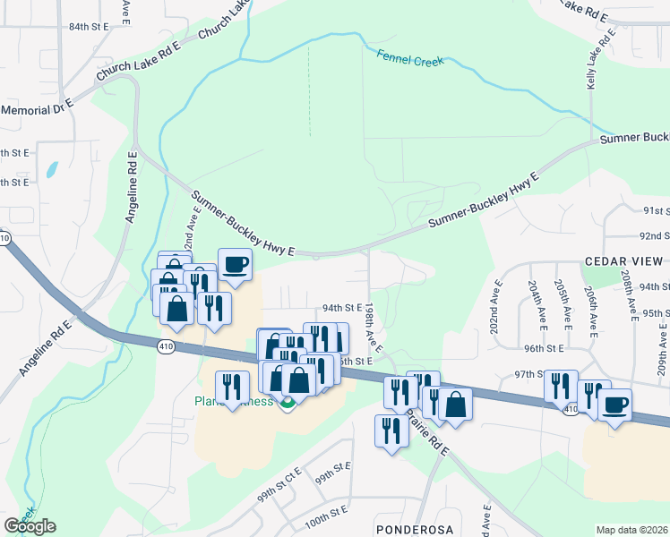 map of restaurants, bars, coffee shops, grocery stores, and more near 19606 Sumner-Buckley Highway East in Bonney Lake