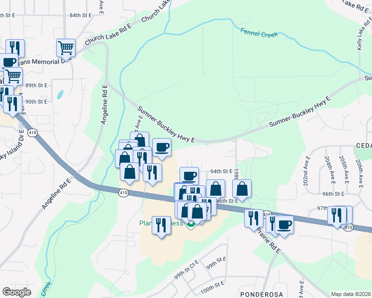 map of restaurants, bars, coffee shops, grocery stores, and more near 19514 Sumner-Buckley Highway East in Bonney Lake