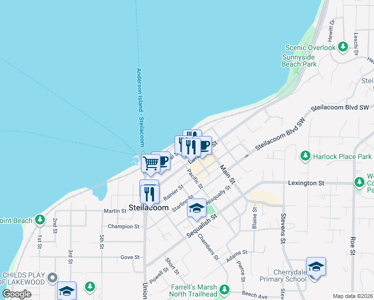 map of restaurants, bars, coffee shops, grocery stores, and more near 1614 Commercial Street in Steilacoom