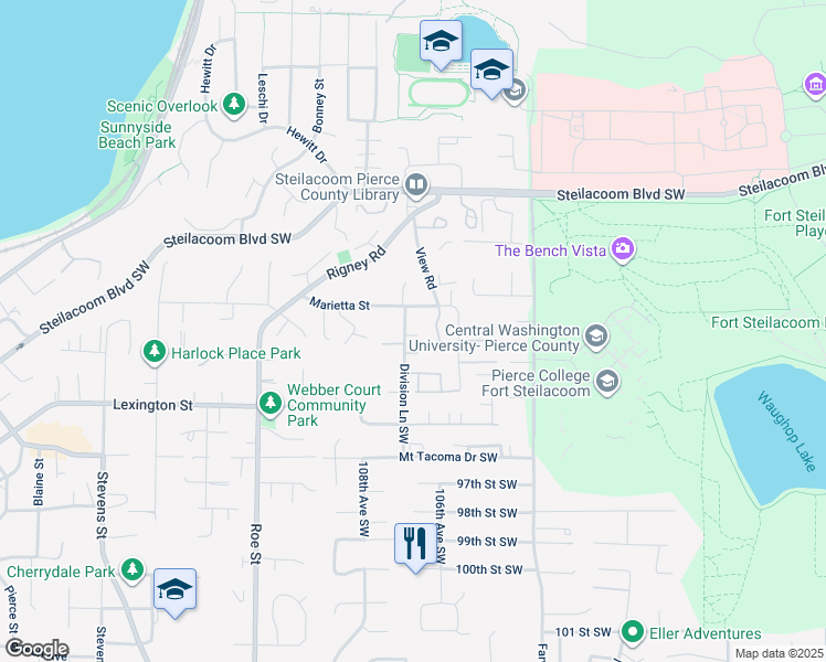 map of restaurants, bars, coffee shops, grocery stores, and more near 10612 Marietta Street in Tacoma