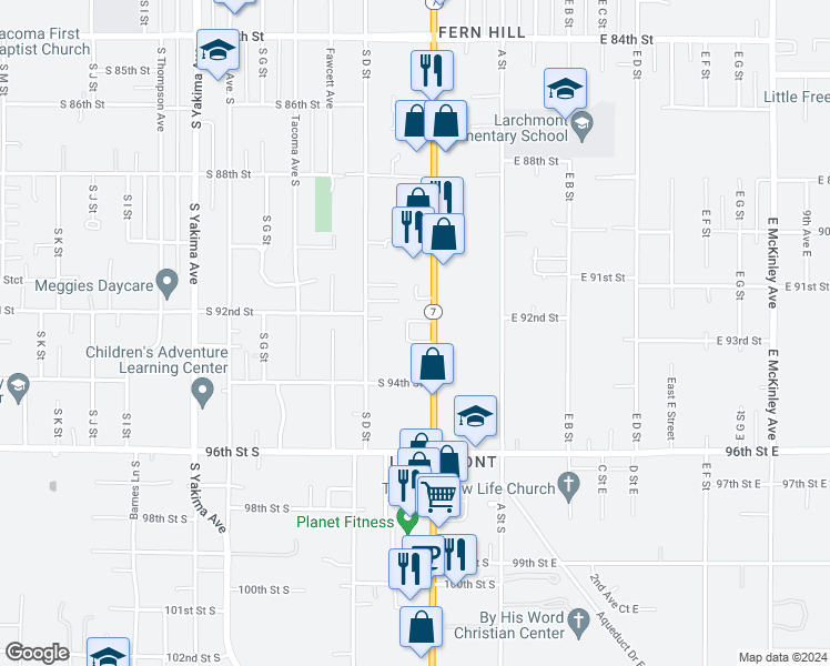 map of restaurants, bars, coffee shops, grocery stores, and more near 9220 Pacific Avenue in Tacoma