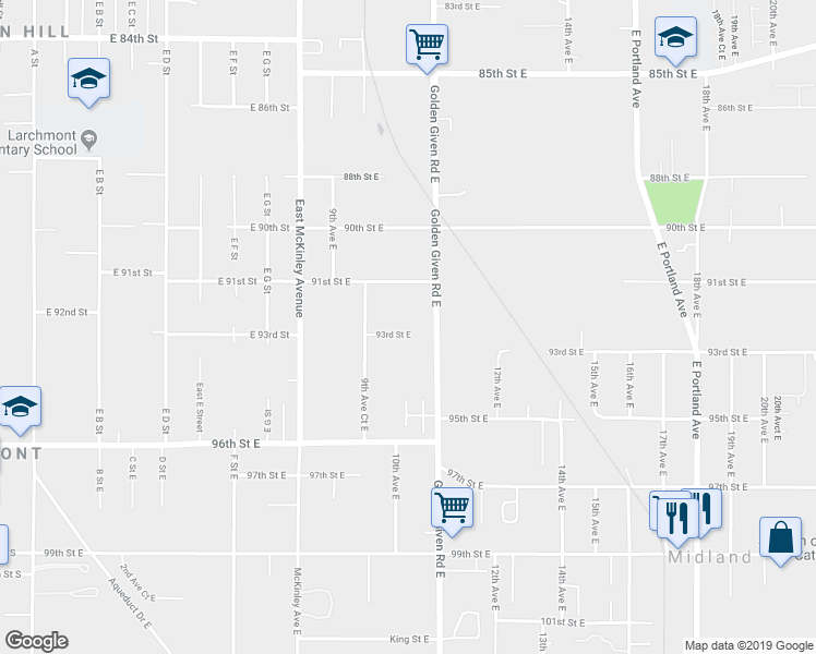 map of restaurants, bars, coffee shops, grocery stores, and more near 1003 93rd Street East in Tacoma
