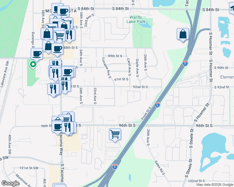 map of restaurants, bars, coffee shops, grocery stores, and more near 9203 32nd Avenue Court South in Lakewood