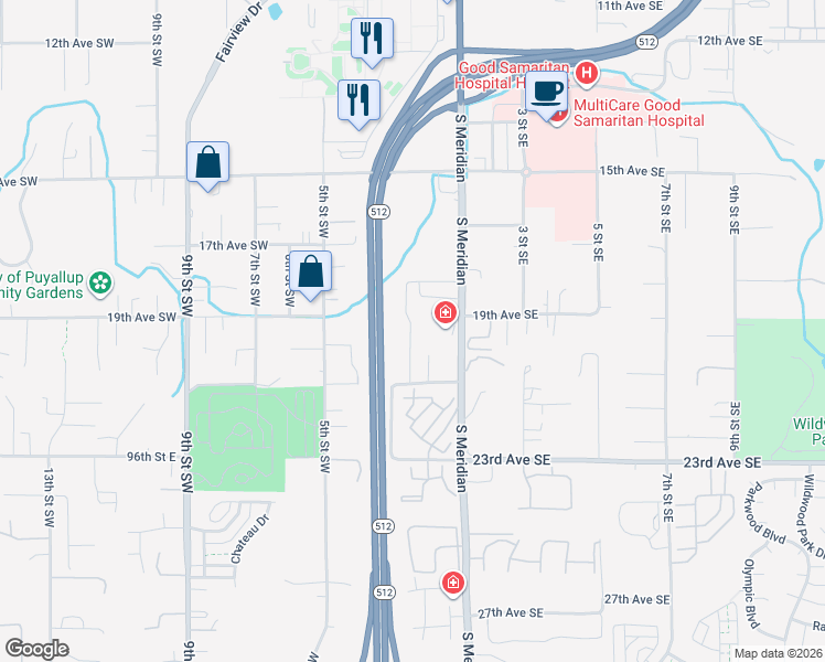 map of restaurants, bars, coffee shops, grocery stores, and more near 209 21st Avenue Southwest in Puyallup