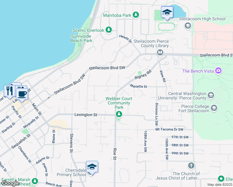 map of restaurants, bars, coffee shops, grocery stores, and more near 2701 Rigney Road in Steilacoom