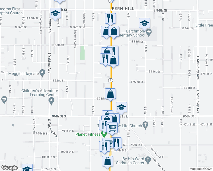 map of restaurants, bars, coffee shops, grocery stores, and more near 9220 Pacific Avenue in Tacoma