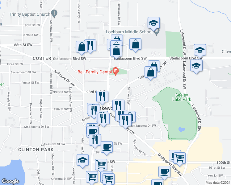 map of restaurants, bars, coffee shops, grocery stores, and more near 9124 Gravelly Lake Drive Southwest in Tacoma
