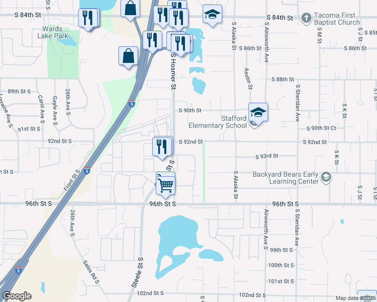 map of restaurants, bars, coffee shops, grocery stores, and more near 1814 South 92nd Street in Tacoma