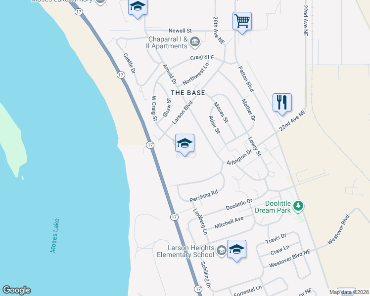 map of restaurants, bars, coffee shops, grocery stores, and more near 1200 West Craig Street in Moses Lake