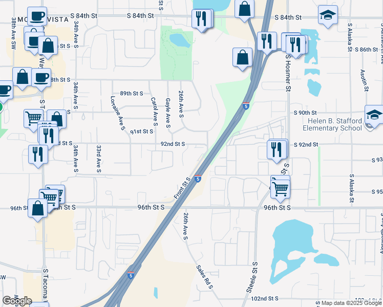 map of restaurants, bars, coffee shops, grocery stores, and more near 2610 92nd Street South in Lakewood