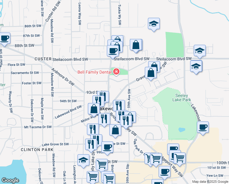 map of restaurants, bars, coffee shops, grocery stores, and more near 9124 Gravelly Lake Drive Southwest in Tacoma