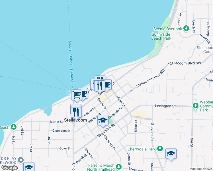 map of restaurants, bars, coffee shops, grocery stores, and more near 1717 Lafayette Street in Steilacoom