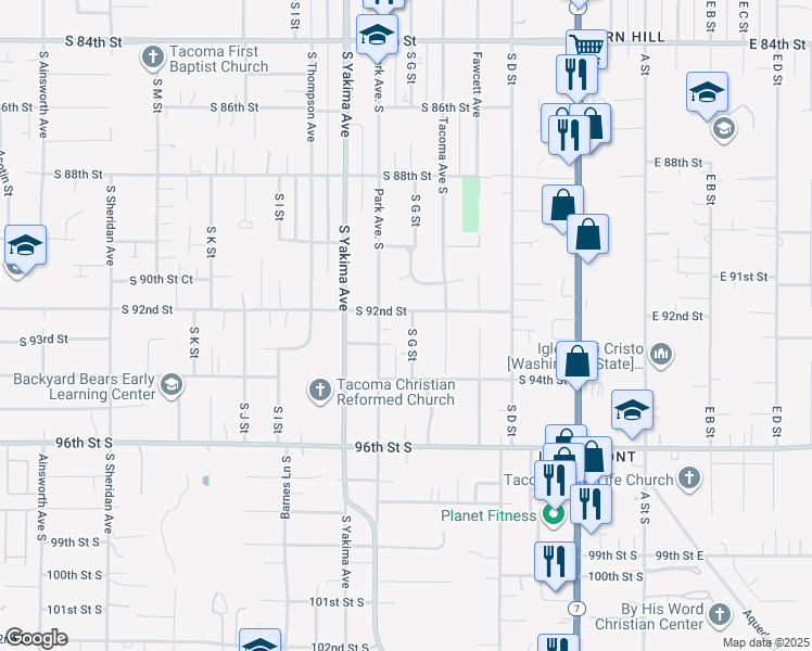 map of restaurants, bars, coffee shops, grocery stores, and more near 9210 South G Street in Tacoma
