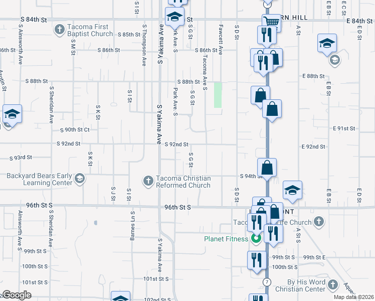 map of restaurants, bars, coffee shops, grocery stores, and more near 9210 South G Street in Tacoma