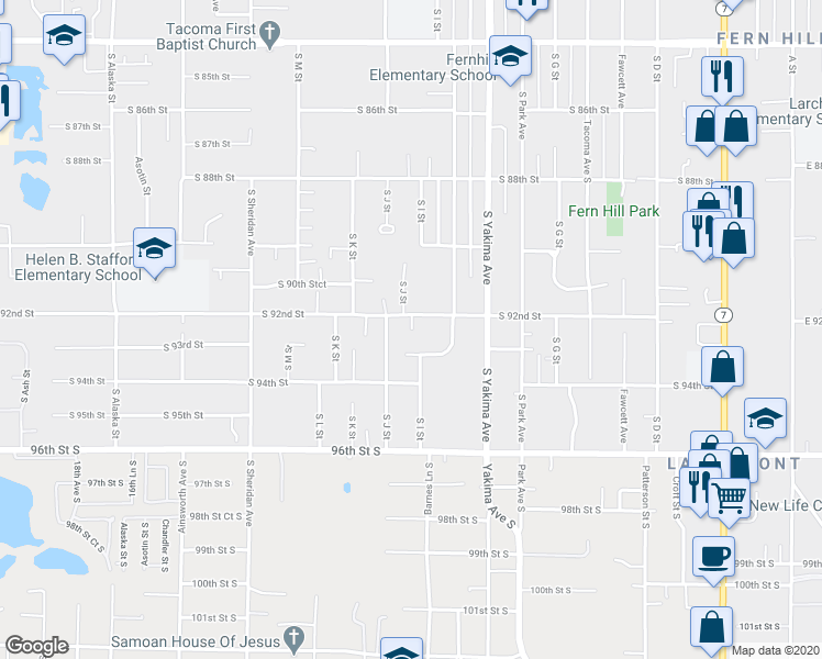 map of restaurants, bars, coffee shops, grocery stores, and more near 912 South 92nd Street in Tacoma