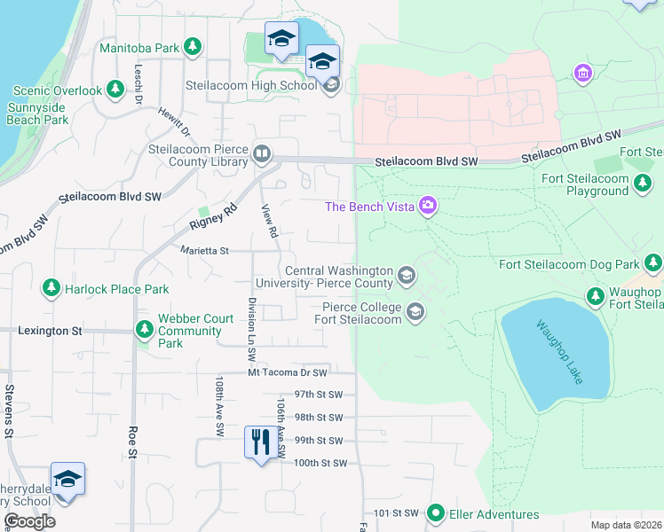 map of restaurants, bars, coffee shops, grocery stores, and more near 10313 92nd Street Southwest in Tacoma