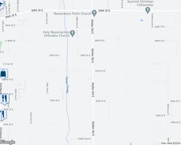map of restaurants, bars, coffee shops, grocery stores, and more near 9204 Waller Road East in Tacoma