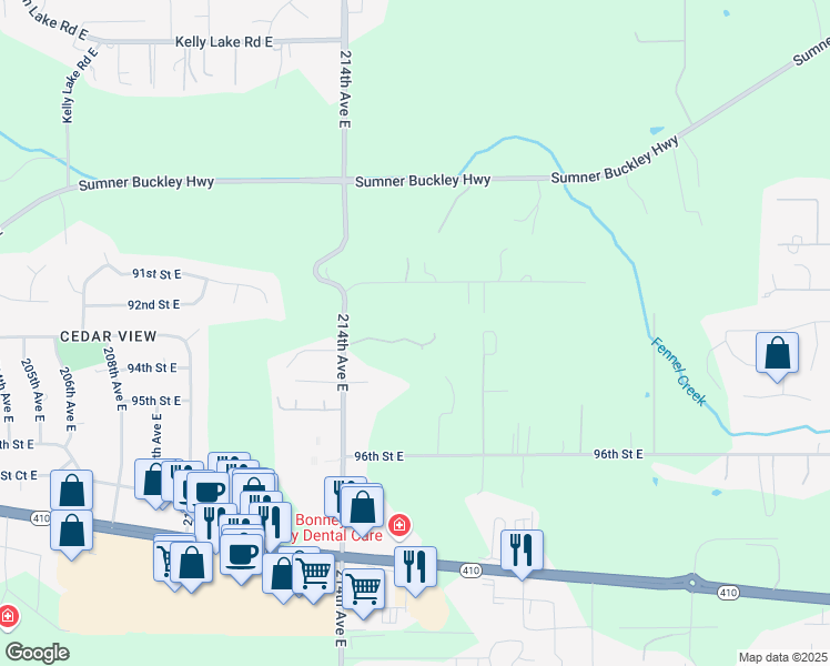 map of restaurants, bars, coffee shops, grocery stores, and more near 9215 214th Avenue East in Bonney Lake