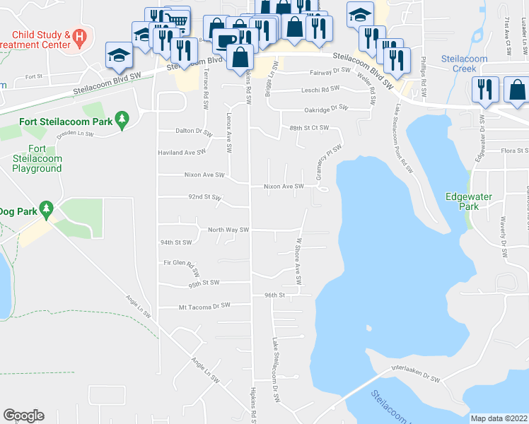 map of restaurants, bars, coffee shops, grocery stores, and more near 9205 Hipkins Road Southwest in Lakewood