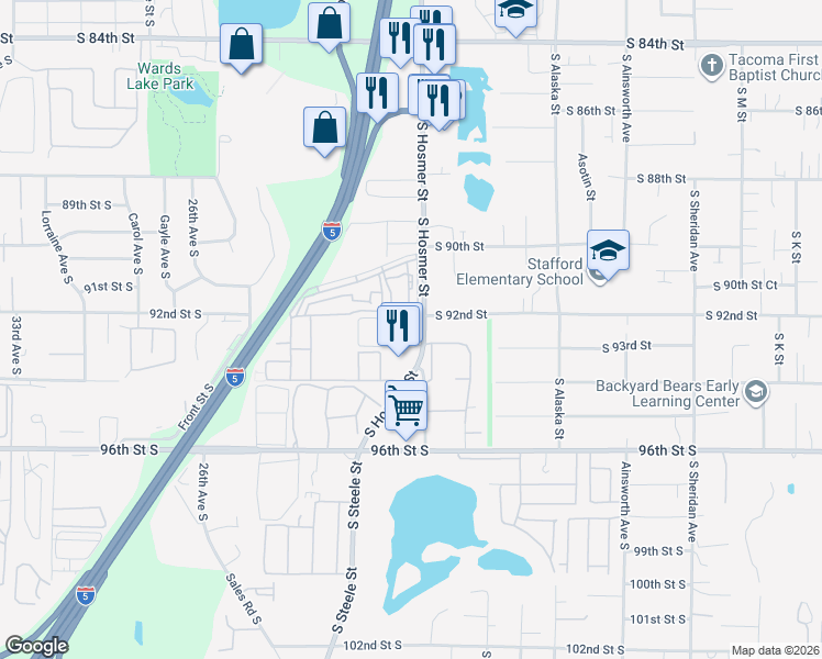 map of restaurants, bars, coffee shops, grocery stores, and more near 1834 South 92nd Street in Tacoma