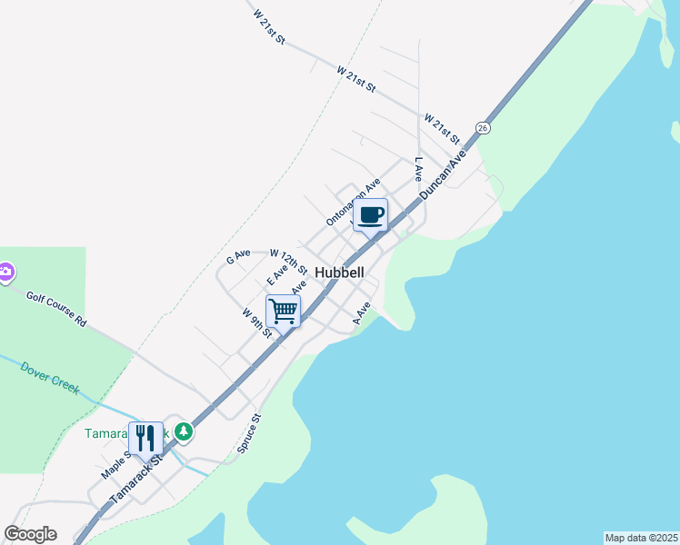 map of restaurants, bars, coffee shops, grocery stores, and more near in Hubbell