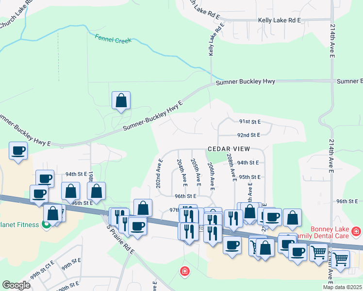 map of restaurants, bars, coffee shops, grocery stores, and more near 20410 93rd Street East in Sumner