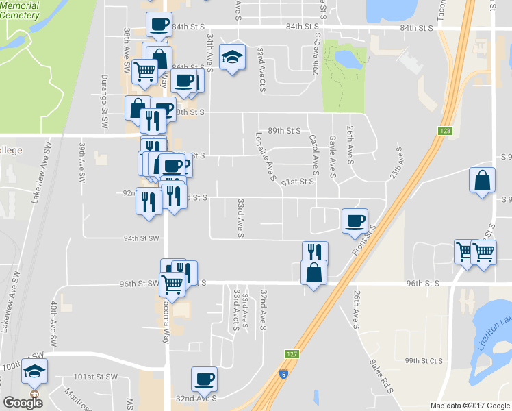 map of restaurants, bars, coffee shops, grocery stores, and more near 3260 92nd Street South in Lakewood