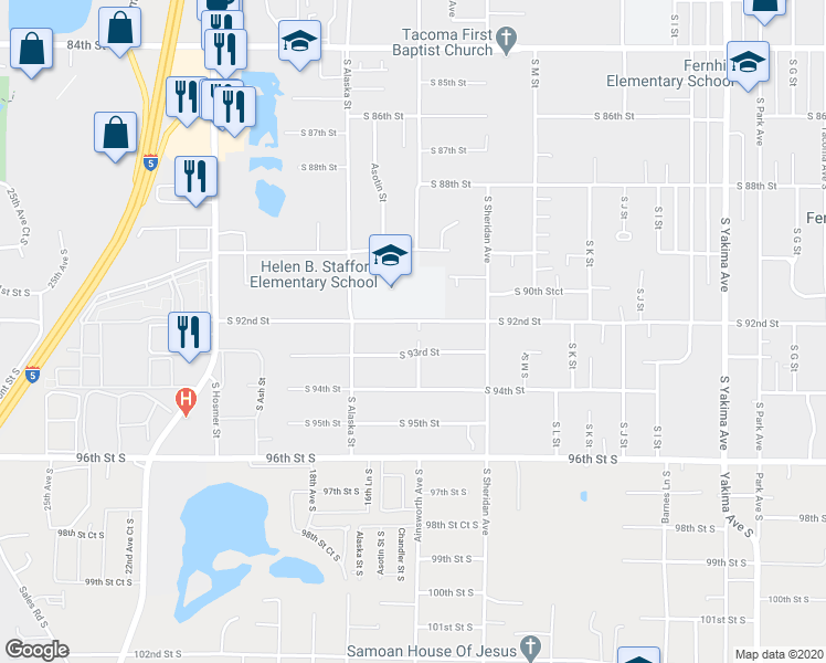 map of restaurants, bars, coffee shops, grocery stores, and more near 1602 South 92nd Street in Tacoma