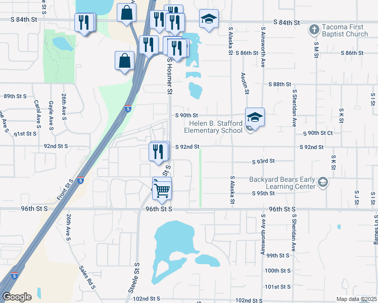 map of restaurants, bars, coffee shops, grocery stores, and more near 1814 S 92nd St in Tacoma