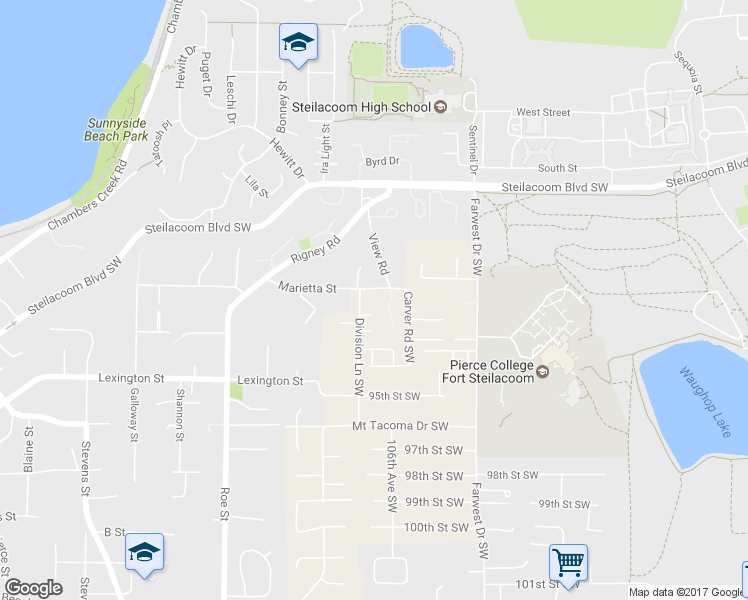map of restaurants, bars, coffee shops, grocery stores, and more near 10612 Marietta Street in Tacoma