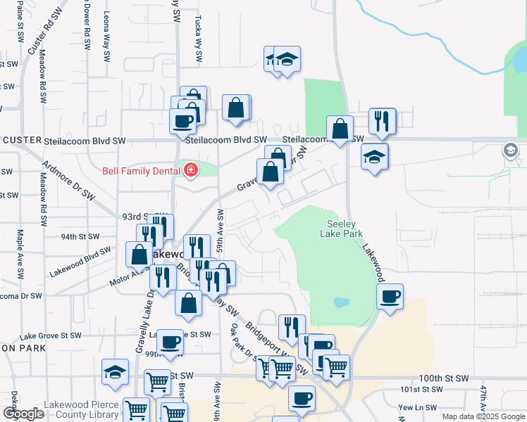 map of restaurants, bars, coffee shops, grocery stores, and more near 5620 93rd Street Southwest in Lakewood