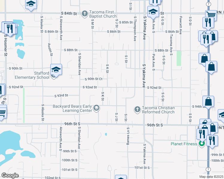 map of restaurants, bars, coffee shops, grocery stores, and more near 1012 South 92nd Street in Tacoma
