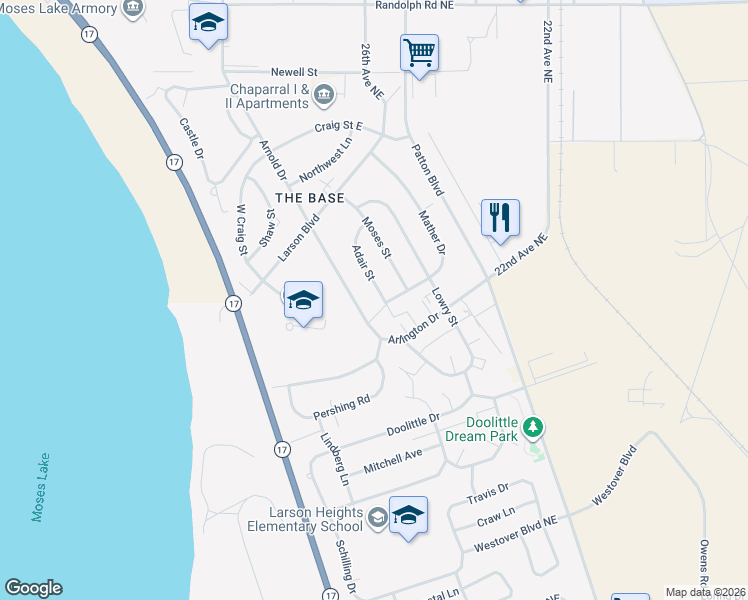 map of restaurants, bars, coffee shops, grocery stores, and more near 1203 Adair Street in Moses Lake