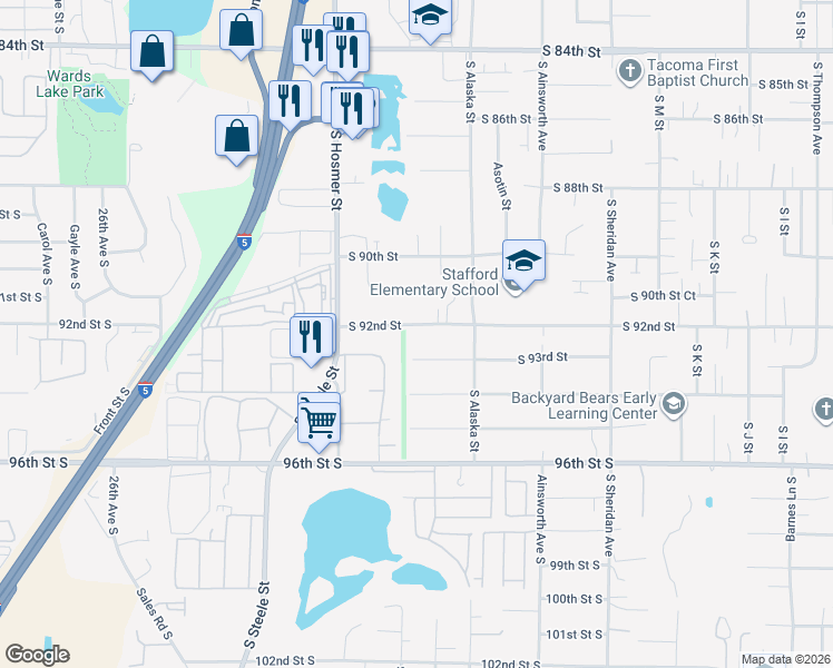 map of restaurants, bars, coffee shops, grocery stores, and more near 1766 South 92nd Street in Tacoma