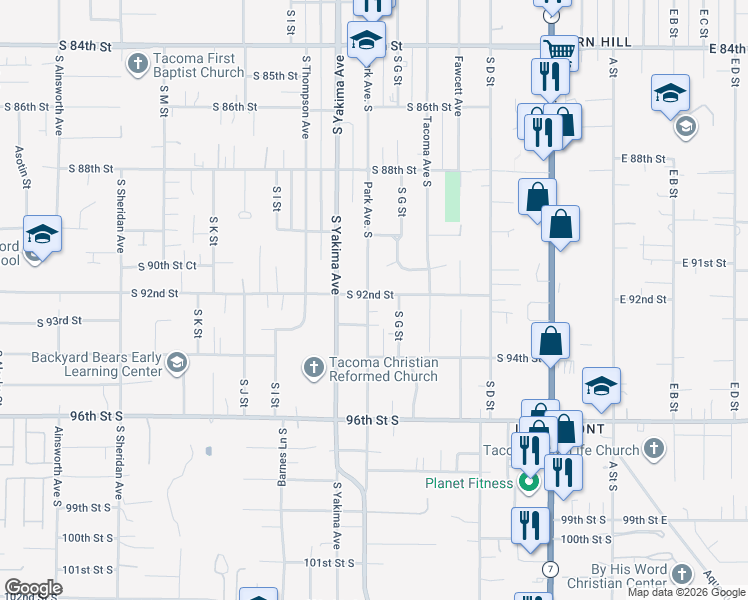 map of restaurants, bars, coffee shops, grocery stores, and more near 9201 South Park Avenue in Tacoma