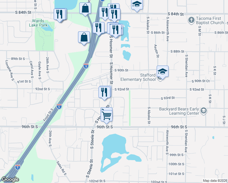map of restaurants, bars, coffee shops, grocery stores, and more near 1834 South 92nd Street in Tacoma