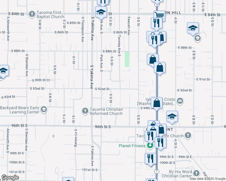 map of restaurants, bars, coffee shops, grocery stores, and more near 9201 South G Street in Tacoma