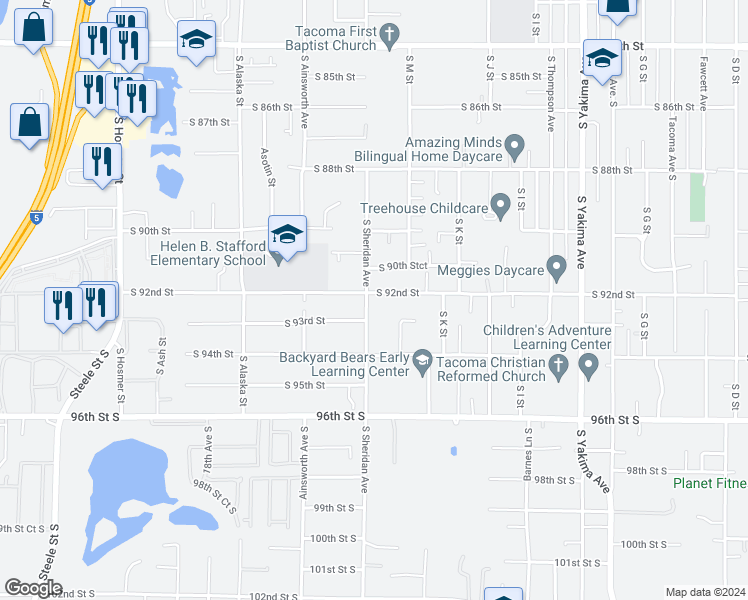map of restaurants, bars, coffee shops, grocery stores, and more near 9201 South Sheridan Avenue in Tacoma