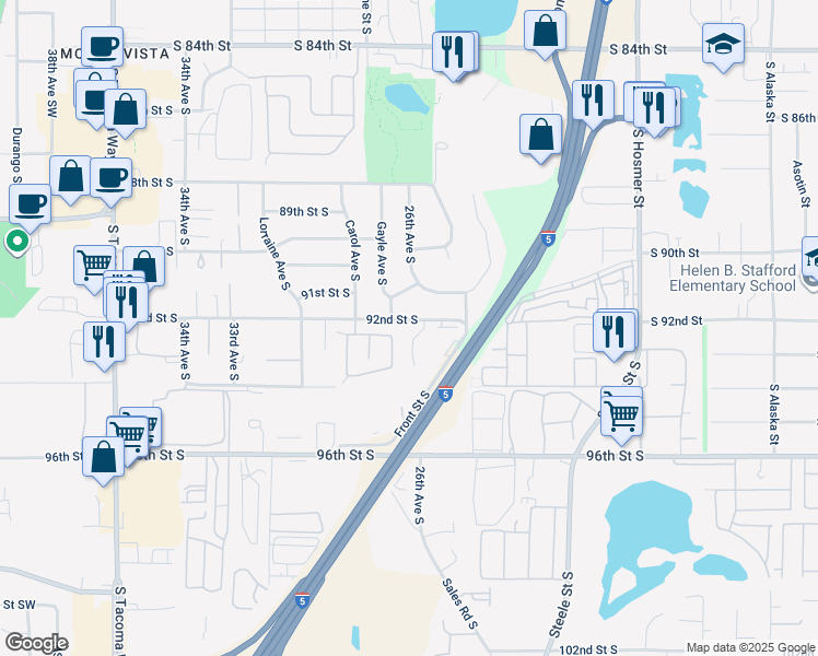 map of restaurants, bars, coffee shops, grocery stores, and more near 2610 92nd Street South in Lakewood
