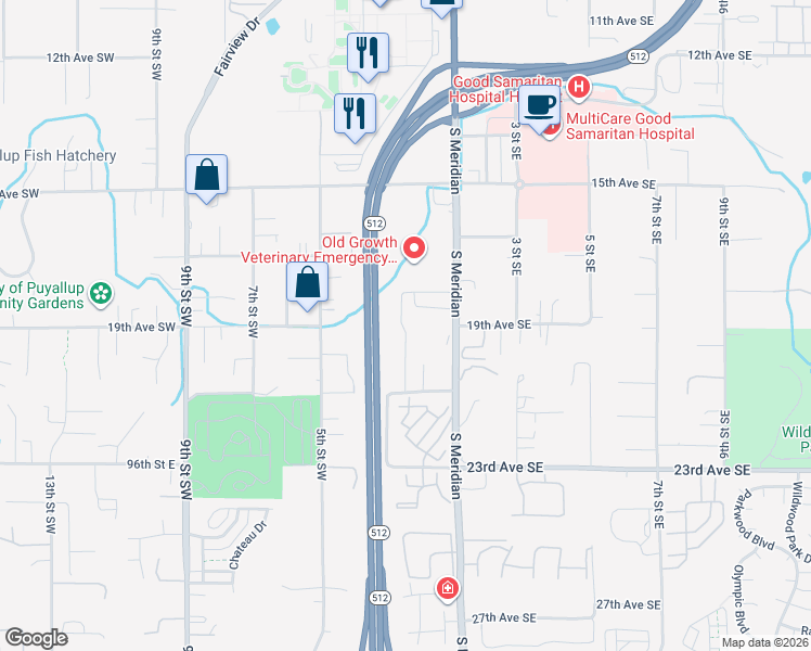 map of restaurants, bars, coffee shops, grocery stores, and more near 209 21st Avenue Southwest in Puyallup
