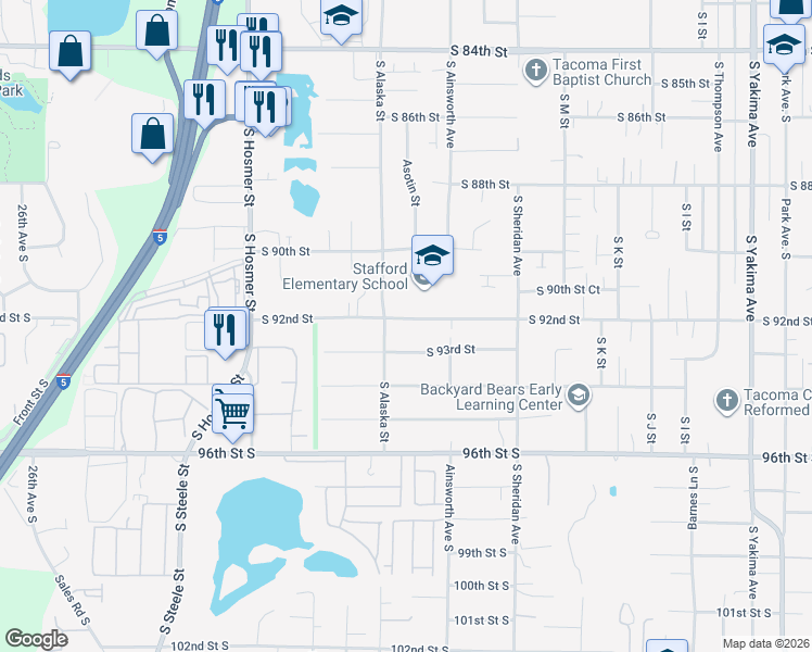 map of restaurants, bars, coffee shops, grocery stores, and more near 1634 South 92nd Street in Tacoma