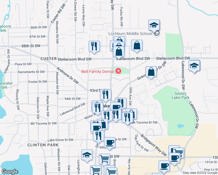 map of restaurants, bars, coffee shops, grocery stores, and more near in Lakewood